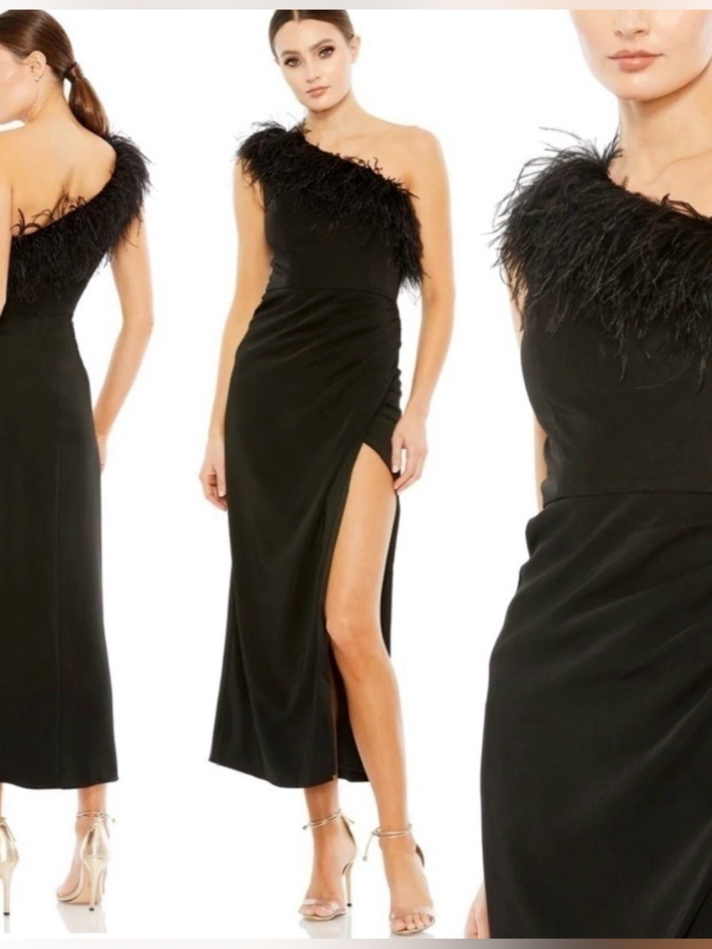 Mac Duggal FEATHER TRIM ONE SHOULDER DRAPED DRESS in black size 8. NEW $298